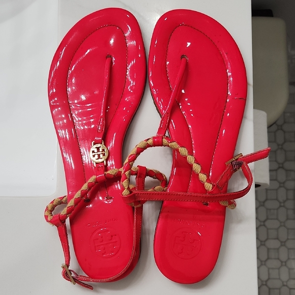 Tory Burch Shoes - Tory Burch Bright Red Braided Thong Sandals with Gold Logo